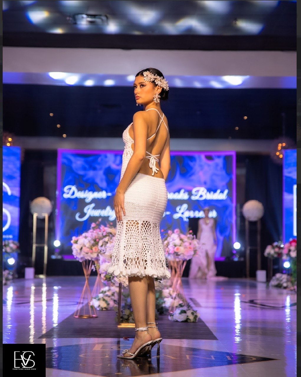 Runway — crochet gown, backlight, side profile